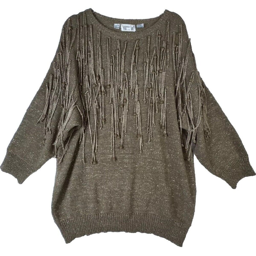 Vtg Sweater Plus Size 3X Brown Gold‎ Cable-Knit Fringe Sparkle Disco Boho 80’s